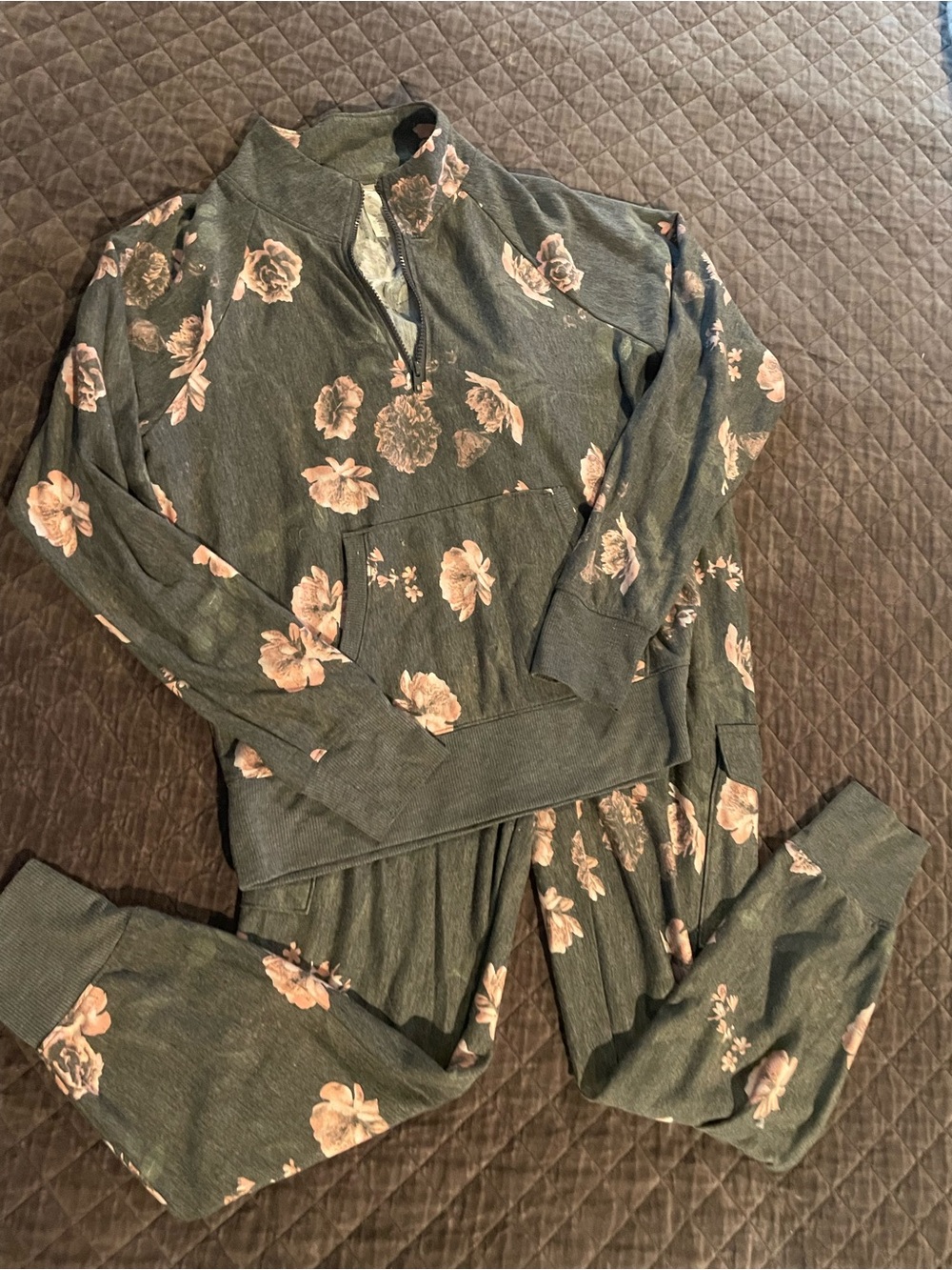 Marika grey and pink Floral Quarter-Zip lounge set
